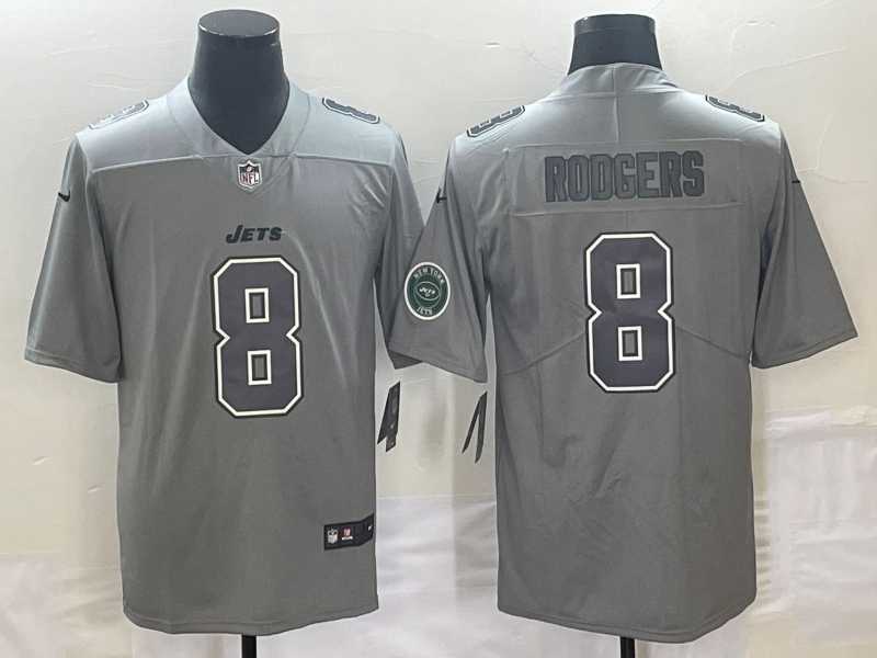 Mens New York Jets #8 Aaron Rodgers LOGO Grey Atmosphere Fashion 2022 Vapor Untouchable Stitched Limited Jersey->new york jets->NFL Jersey